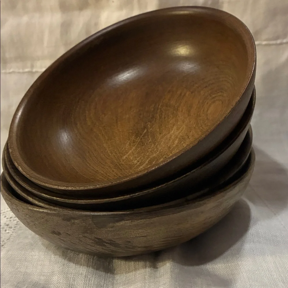 Brown Wooden Bowls Set/4 Brown Grain Bowls W/ Vintage Wear and Use From 70’s